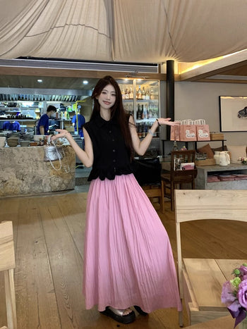 Polo Collar Sleeveless Shirt with Pink Skirt
