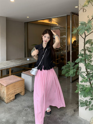 Polo Collar Sleeveless Shirt with Pink Skirt