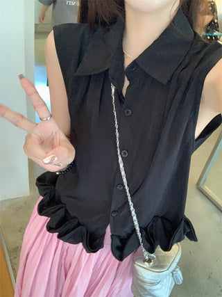 Polo Collar Sleeveless Shirt with Pink Skirt
