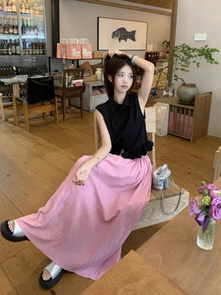 Polo Collar Sleeveless Shirt with Pink Skirt