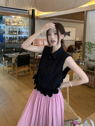 Polo Collar Sleeveless Shirt with Pink Skirt