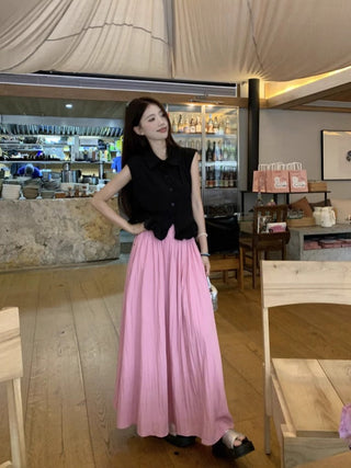 Polo Collar Sleeveless Shirt with Pink Skirt