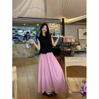 Polo Collar Sleeveless Shirt with Pink Skirt