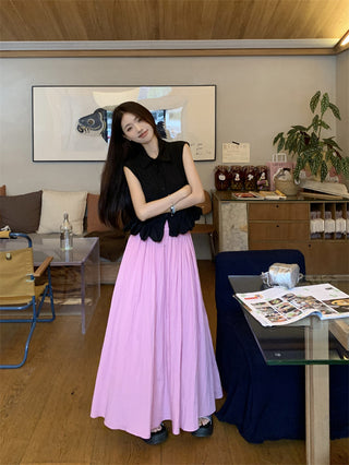 Polo Collar Sleeveless Shirt with Pink Skirt