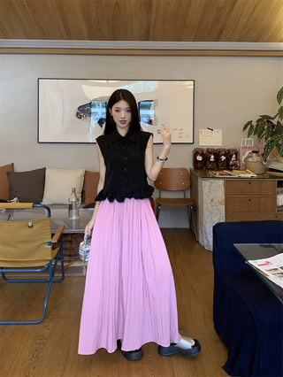 Polo Collar Sleeveless Shirt with Pink Skirt