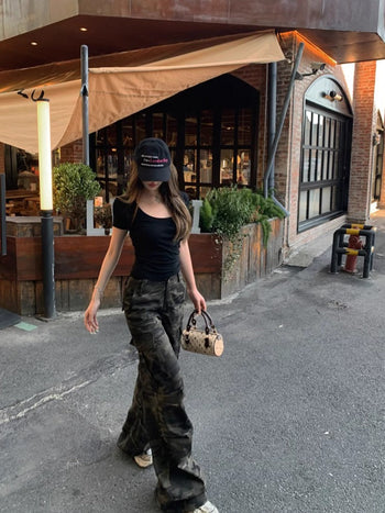 U-Collar Short Sleeve Top with Cargo Pants