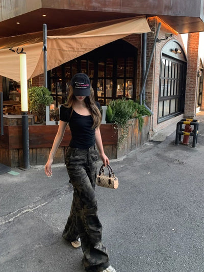 U-Collar Short Sleeve Top with Cargo Pants