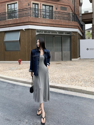 Gray Backless Sling Dress