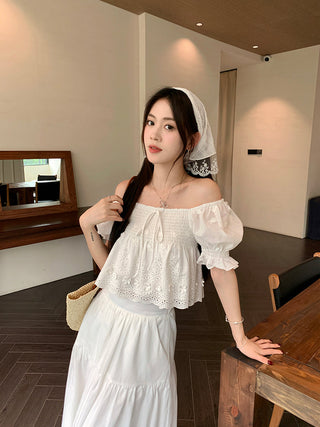 Puff Sleeve Lace Shirt with Long Skirt