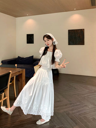 Puff Sleeve Lace Shirt with Long Skirt
