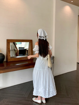 Puff Sleeve Lace Shirt with Long Skirt