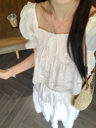 Puff Sleeve Lace Shirt with Long Skirt