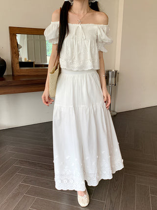 Puff Sleeve Lace Shirt with Long Skirt