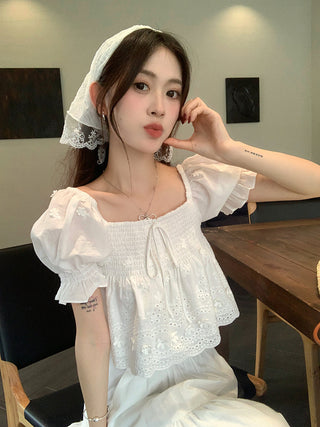 Puff Sleeve Lace Shirt with Long Skirt