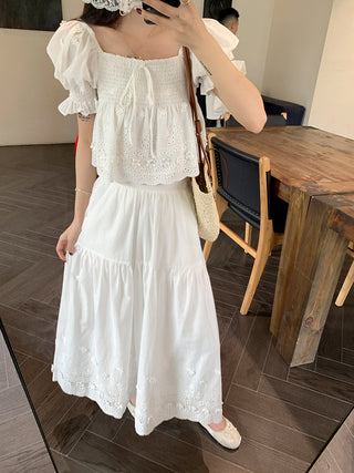Puff Sleeve Lace Shirt with Long Skirt