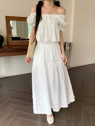 Puff Sleeve Lace Shirt with Long Skirt