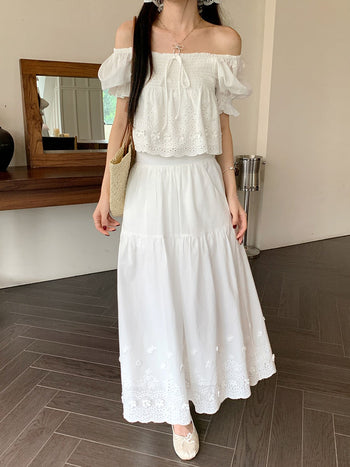 Puff Sleeve Lace Shirt with Long Skirt