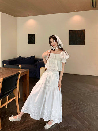 Puff Sleeve Lace Shirt with Long Skirt