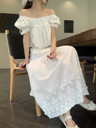 Puff Sleeve Lace Shirt with Long Skirt