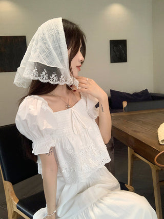 Puff Sleeve Lace Shirt with Long Skirt
