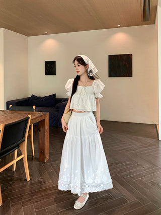Puff Sleeve Lace Shirt with Long Skirt