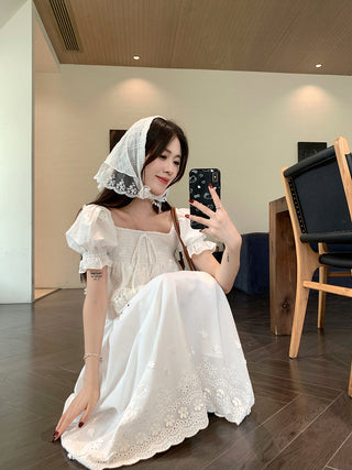 Puff Sleeve Lace Shirt with Long Skirt