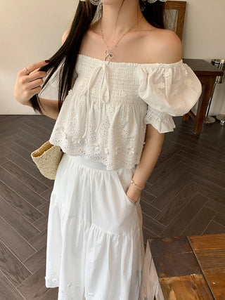 Puff Sleeve Lace Shirt with Long Skirt