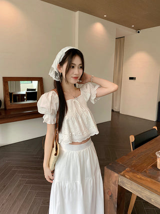 Puff Sleeve Lace Shirt with Long Skirt
