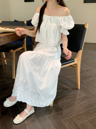 Puff Sleeve Lace Shirt with Long Skirt