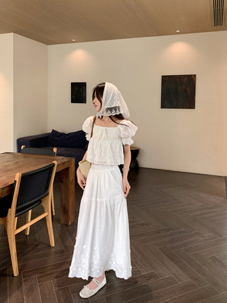 Puff Sleeve Lace Shirt with Long Skirt