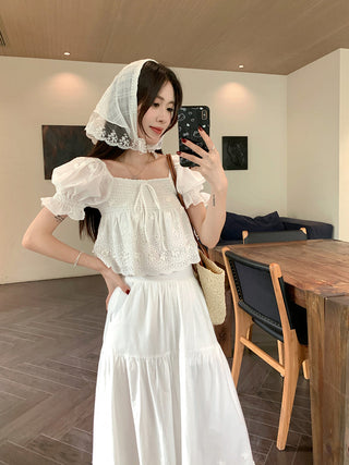 Puff Sleeve Lace Shirt with Long Skirt