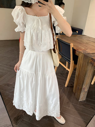 Puff Sleeve Lace Shirt with Long Skirt