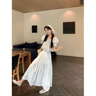 Puff Sleeve Lace Shirt with Long Skirt
