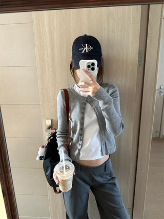 Gray Knitted Cardigan with Wide Leg Pants