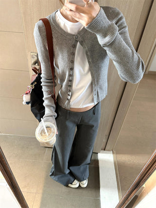 Gray Knitted Cardigan with Wide Leg Pants