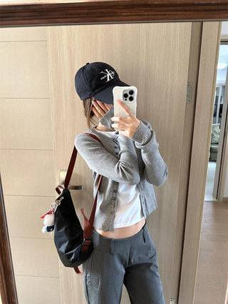 Gray Knitted Cardigan with Wide Leg Pants