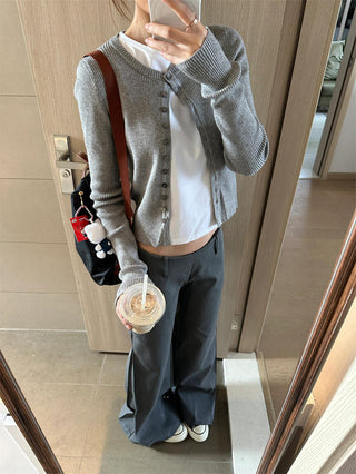 Gray Knitted Cardigan with Wide Leg Pants