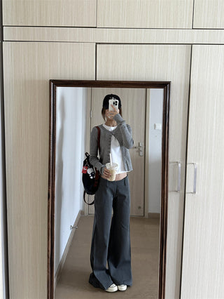 Gray Knitted Cardigan with Wide Leg Pants