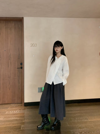 Diagonal Collar Shirt with Wide Pants