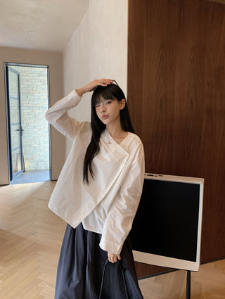 Diagonal Collar Shirt with Wide Pants