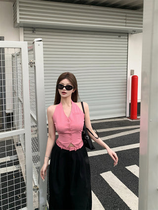 V-Neck Halter Vest with Wide Pants