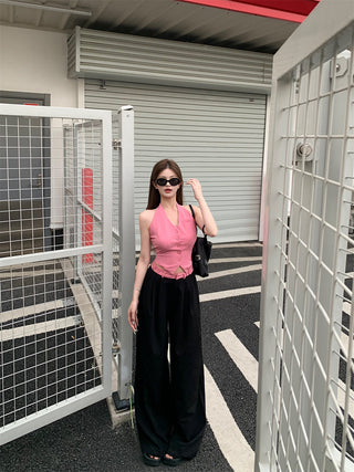 V-Neck Halter Vest with Wide Pants
