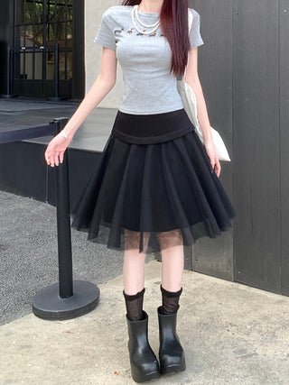 Black Mesh Stitching Skirt