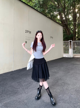 Black Mesh Stitching Skirt