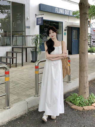 White Pleated Suspender Dress