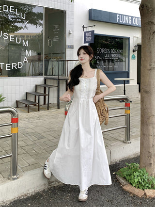 White Pleated Suspender Dress