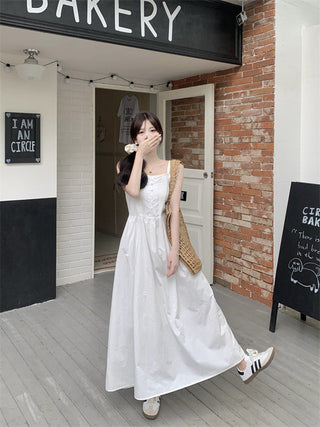 White Pleated Suspender Dress