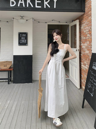 White Pleated Suspender Dress