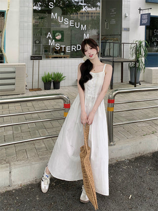 White Pleated Suspender Dress