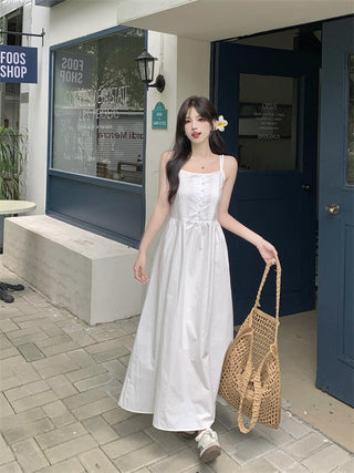 White Pleated Suspender Dress